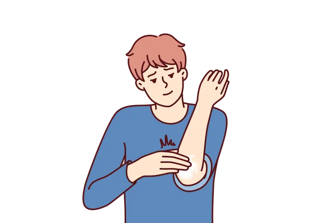 Man Smears Elbow With Healing Ointment After Bruise Or Skin Problems And Acne Young Guy Uses Analgesic Dermatological Ointment To Treat Elbow Joint And Take Care Of Skin In Need Of Moisture Illustration