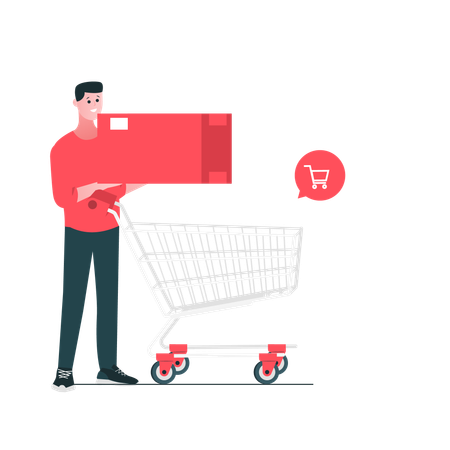 Man insert goods shopping trolley  Illustration