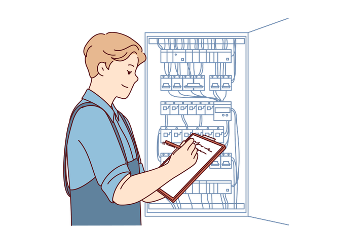 Man inspector checks electrical equipment installed in metal power panel makes notes in clipboard  Illustration