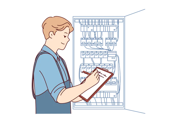 Man inspector checks electrical equipment installed in metal power panel makes notes in clipboard  Illustration