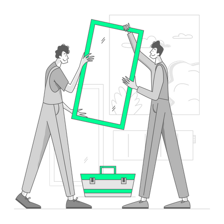 Man installing a window in a new house Illustration