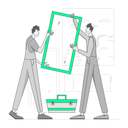 Man installing a window in a new house  Illustration