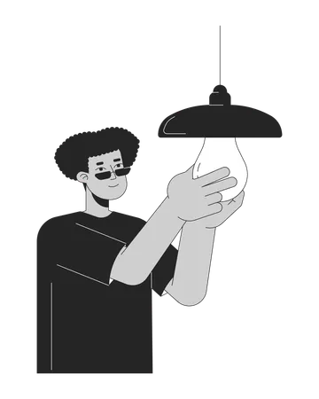 Energy Efficient Lightbulb Installing Black And White Cartoon Flat Illustration Latino Guy 2 D Lineart Character Isolated Reduce Electricity Usage Saving Energy Monochrome Scene Vector Outline Image 일러스트레이션