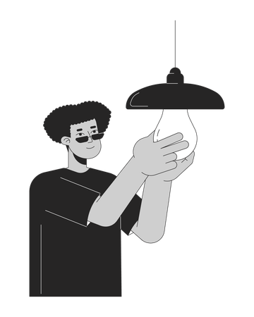 Man installing Energy efficient lightbulb  Illustration