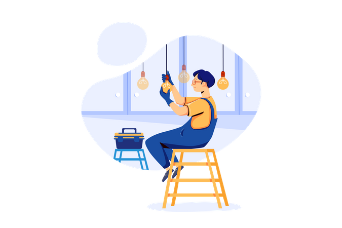 Man Installing light bulbs in new home  Illustration