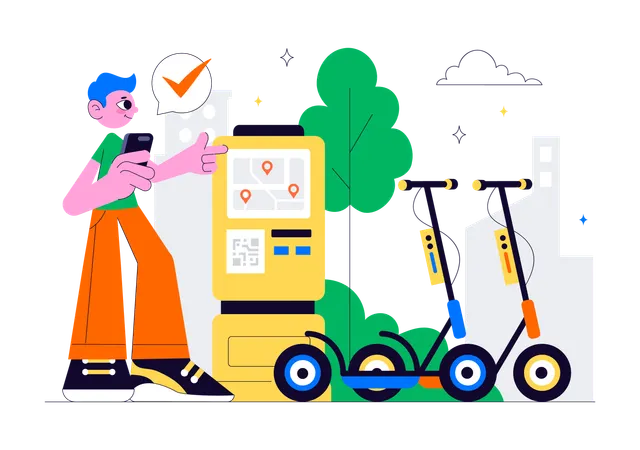 Man installs destination route in Electric Scooter  Illustration