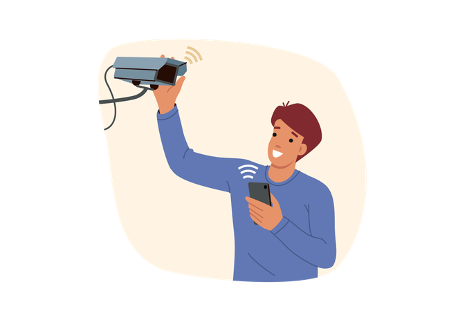 Man installs security camera on wall and uses mobile phone with wifi to monitor cctv equipment  Illustration