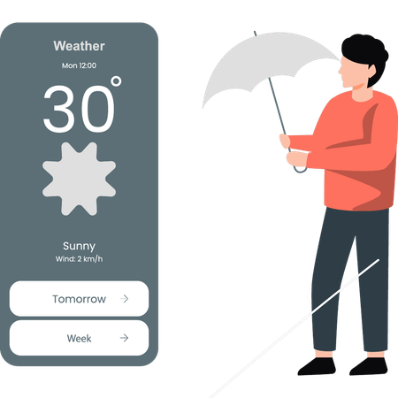 화창한 날씨를 피하기 위해 우산 사용을 지시하는 남자  일러스트레이션