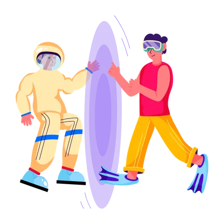 Man interacting through VR Portal  Illustration