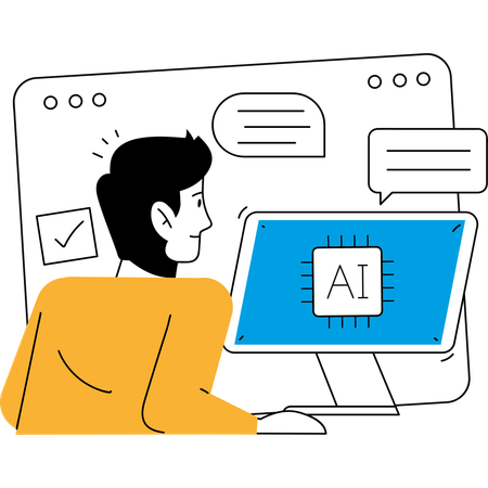 Man Interacting with Artificial Intelligence Interface on Desktop  Illustration
