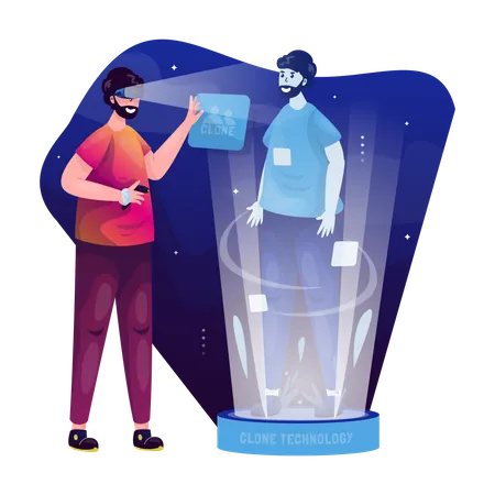 Man interacting with hologram character  Illustration