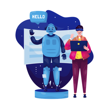 Man interacting with smart virtual robot  Illustration
