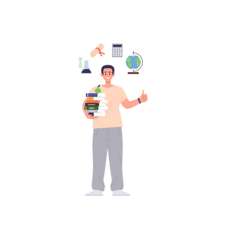Basic Human Needs Vector Illustration Of Young Man Cartoon Character Interested In Education And Knowledge Receive Standing With Book Stack Studying For Self Realization And Self Actualization In Life Illustration