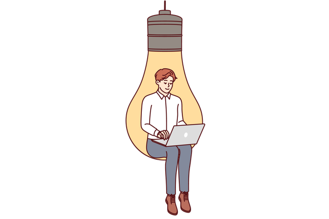 Man inventor with laptop sits in light bulb symbolizing inspiration for coming up with ideas  Illustration