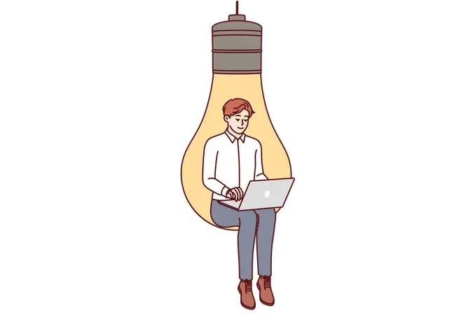 Man inventor with laptop sits in light bulb symbolizing inspiration for coming up with ideas  Illustration