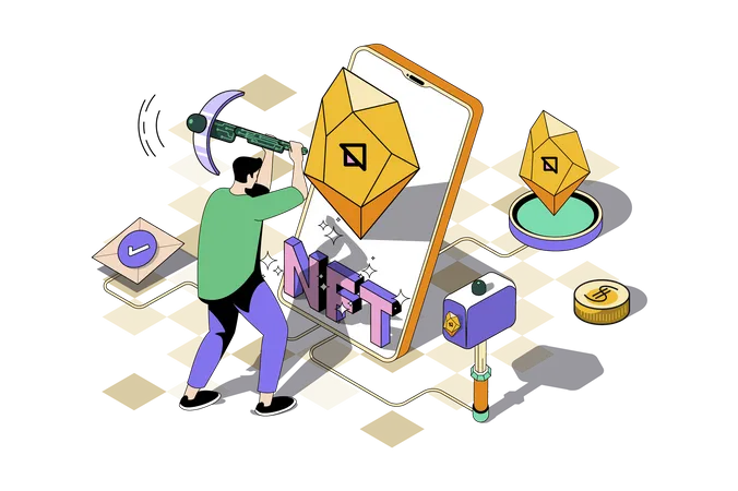 NFT Token Web Concept In 3 D Isometric Design Man Investing In Digital Collectible Artwork With Non Fungible Token And Buying Masterpiece At Markets Vector Web Illustration With People Isometry Scene Illustration