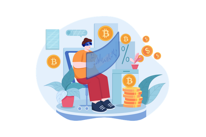 Man investing in crypto through Virtual technology Illustration
