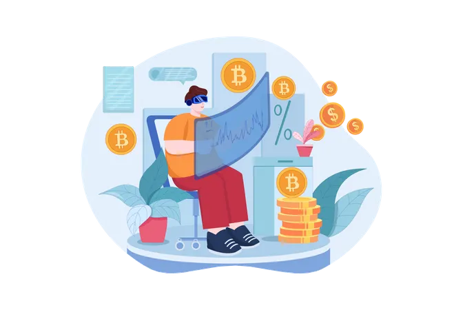 Man investing in crypto through Virtual technology  Illustration