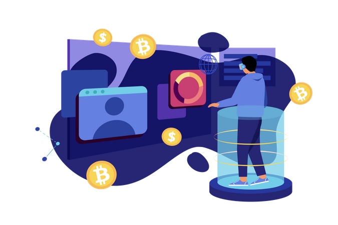 Man investing in crypto using metaverse  일러스트레이션