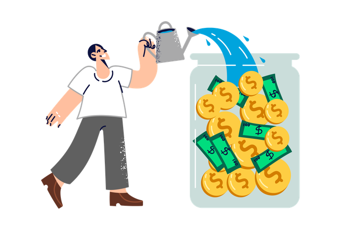 Man investor pours money and coins in jar  Illustration