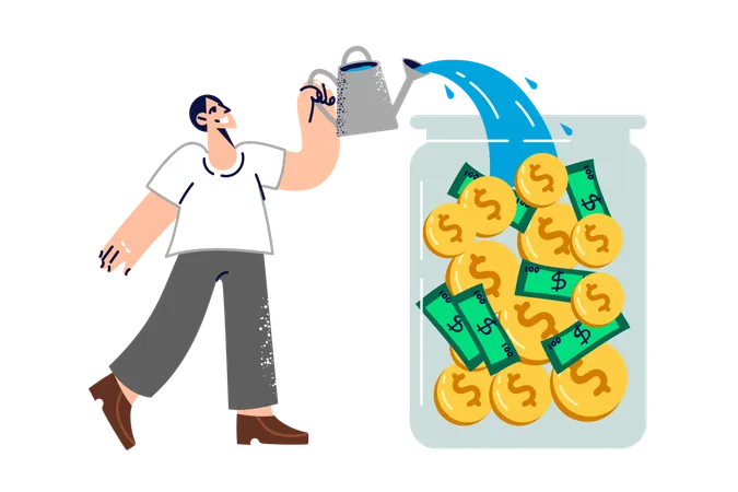 Man investor pours money and coins in jar  Illustration