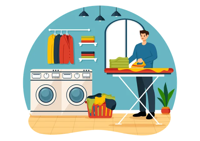 Dry Cleaning Store Service Vector Illustration With Washing Machines Dryers And Laundry For Clean Clothing In Flat Cartoon Background Design Illustration