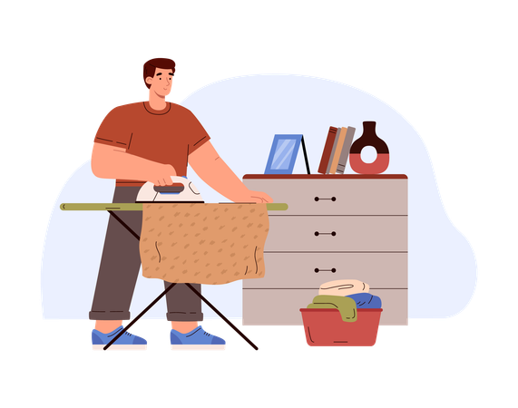 Man ironing clothes after laundry  Illustration