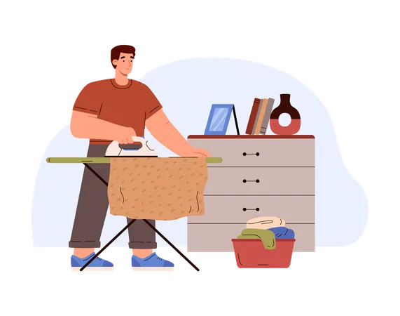 Man ironing clothes after laundry  Illustration