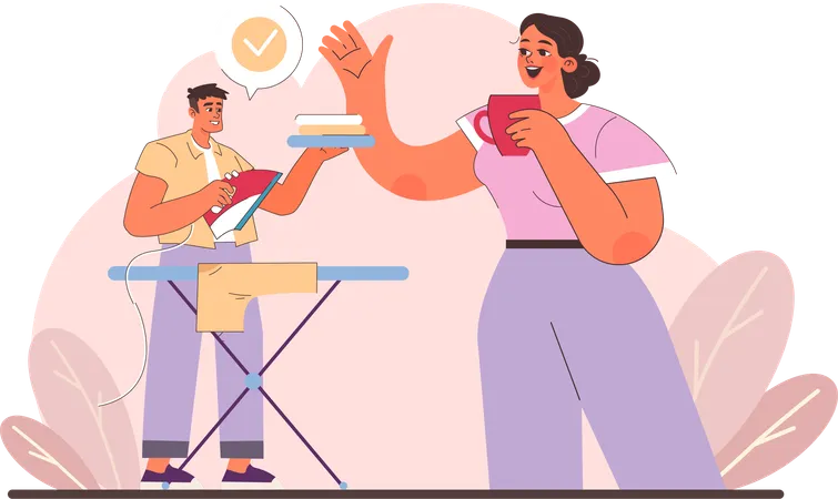 Man ironing clothes and woman enjoying her coffee  Illustration