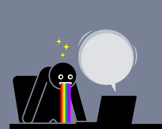 Man is amazed and puking out rainbow saliva by the content he sees from his computer screen  Illustration