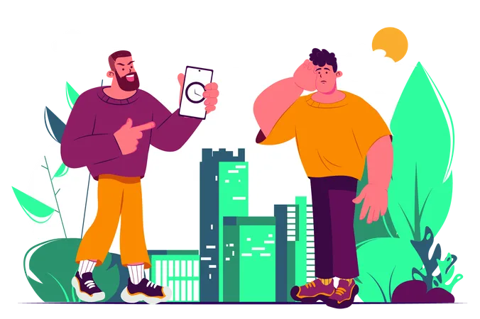 Lateness Concept With People Scene In The Flat Cartoon Style A Man Is Angry With His Friend Because He Is Late Vector Illustration Illustration