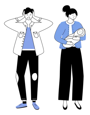 Trouble Relationship Blue And Black Flat Contour Vector Illustration Couple Conflict Misunderstandment Between Husband And Wife Marriage With Baby Isolated Cartoon Character On White Background イラスト