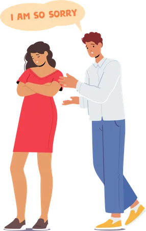 With Genuine Remorse In His Eyes The Man Humbly Apologized To The Woman Expressing Regret For Any Hurt Caused And Sincerely Pledging To Make Amends For His Mistakes Cartoon Vector Illustration Illustration