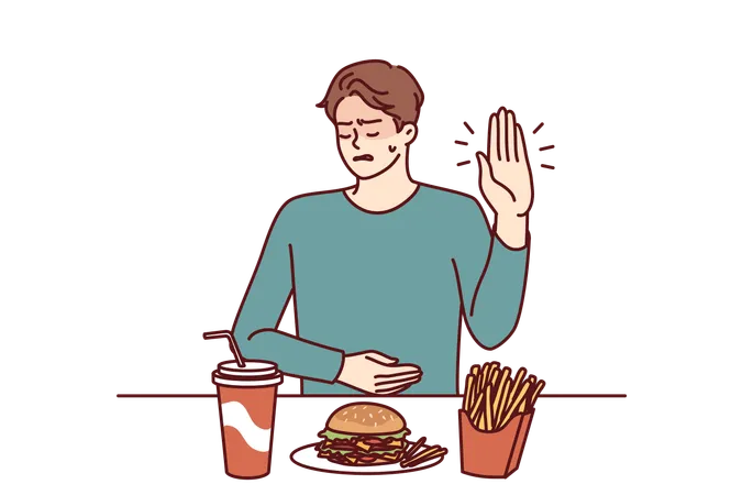 Man Suffering From Gastritis Refuses Fast Food That Causes Pain In Abdomen On Advice Of Nutritionist Guy Near Table With Junk Lunch Shows Stop Gesture Due To Gastritis Caused By Eating Hamburgers Illustration