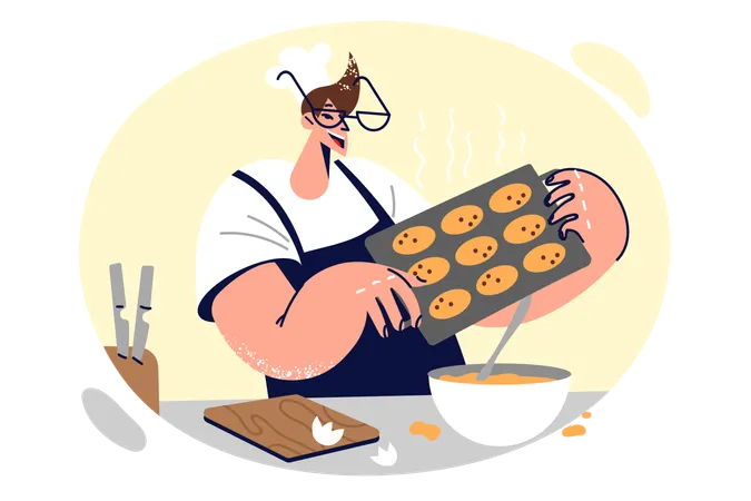 Man Cook Works In Confectionery Shop And Holds Tray With Oatmeal Cookies Prepared By Own Hands Cheerful Chef Learning How To Cook Delicious Desserts Standing In Kitchen Of Restaurant Or Cafe Illustration
