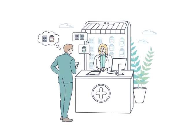 Online Drugstore And Pharmacy Concept Man Cartoon Character Choosing Drugs In Online Pharmacy Shop And Talking To Virtual Pharmacist Woman At Desk Vector Illustration イラスト