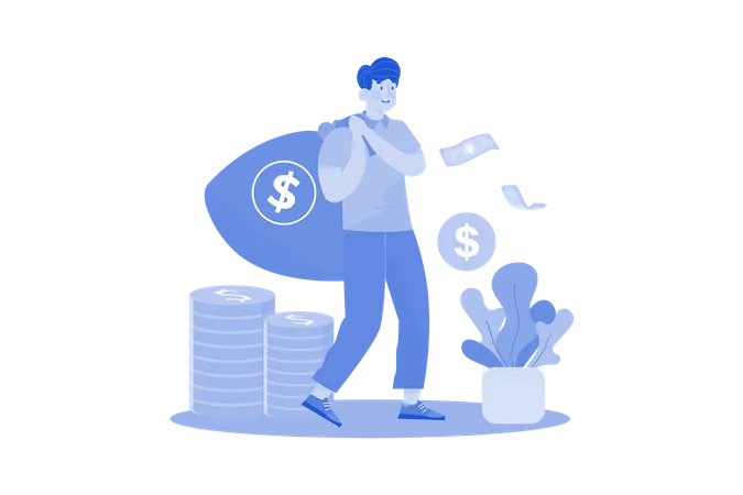 Man is carrying bag of money  Illustration