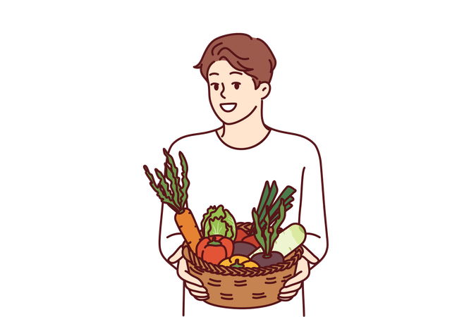Man is carrying basket of raw vegetables  イラスト