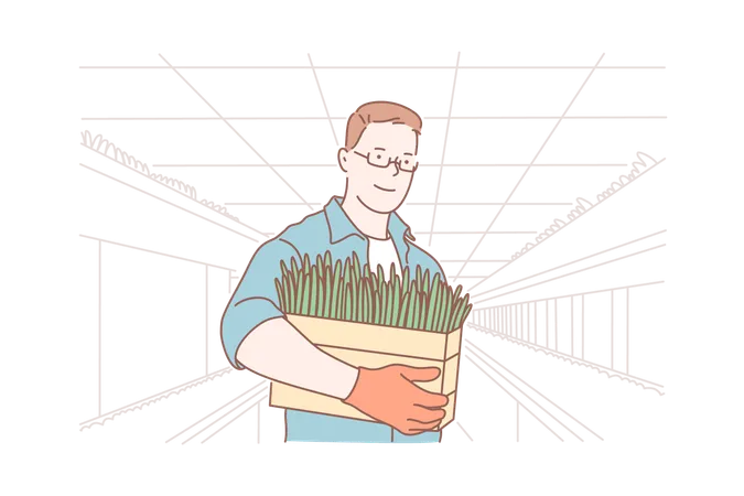 Botanics Plant Growing Agriculture Work Concept Young Botanist Work In Greenhouse Does Plant Growing Agriculture Is Linked To Botanics Plant Growing Is Important For Humanity Simple Flat Vector Illustration