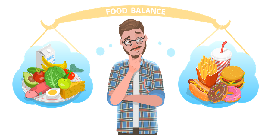 Man is Choosing Between Healthy and Unhealthy Food  Illustration