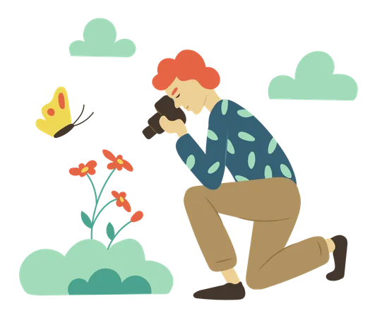 Man is clicking pictures of flowers  Illustration