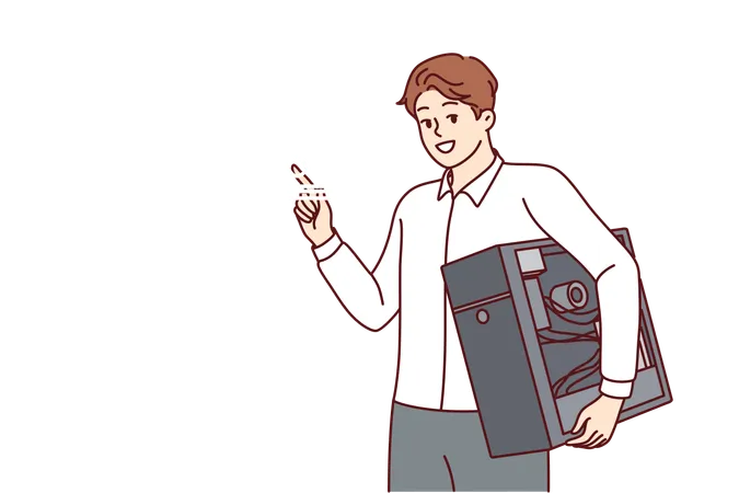 Man Is Computer Repairman Holds Disassembled System Unit From PC And Recommends Contacting Warranty Center Guy Is Engaged In Repairing Computer Working As System Administrator In Office Illustration