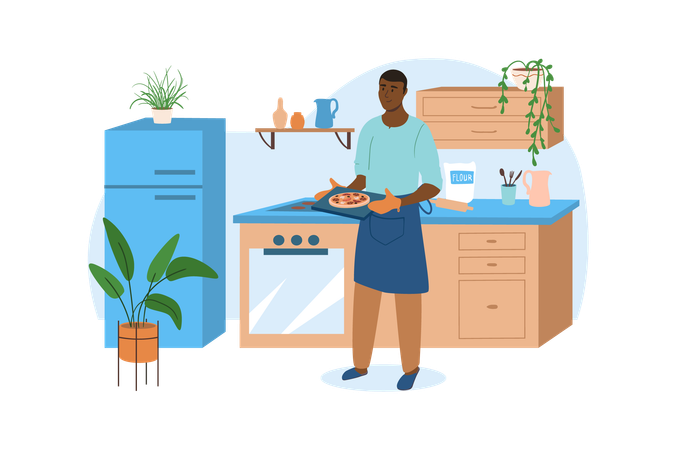 Man is cooking Italian pizza in his kitchen  Illustration