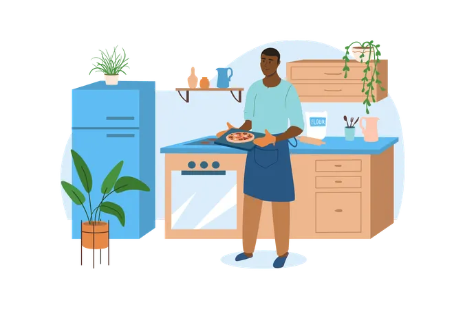Kitchen Blue Concept With People Scene In The Flat Cartoon Design Man Is Cooking Italian Pizza In His Kitchen Vector Illustration Illustration