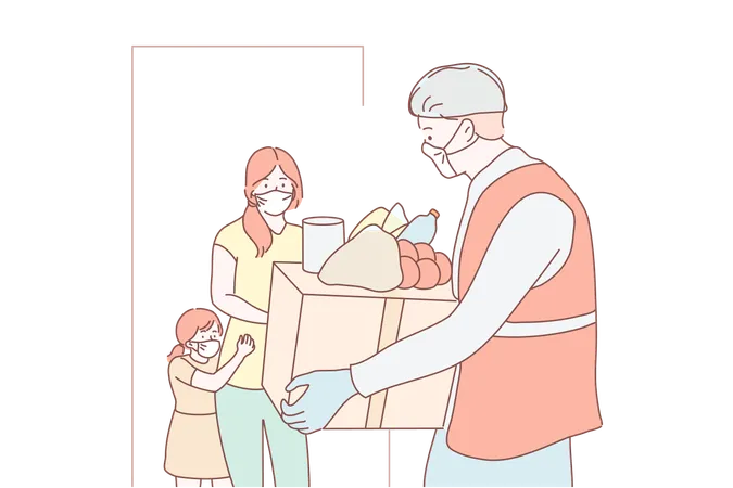 Food Delivery Family Quarantine Covid 19 Coronavirus Infection Concept Man Supplier Gives Food To Woman Mother With Daughter Child In Medical Face Masks Home Food Delivery On 2019 Ncov Lockdown Illustration