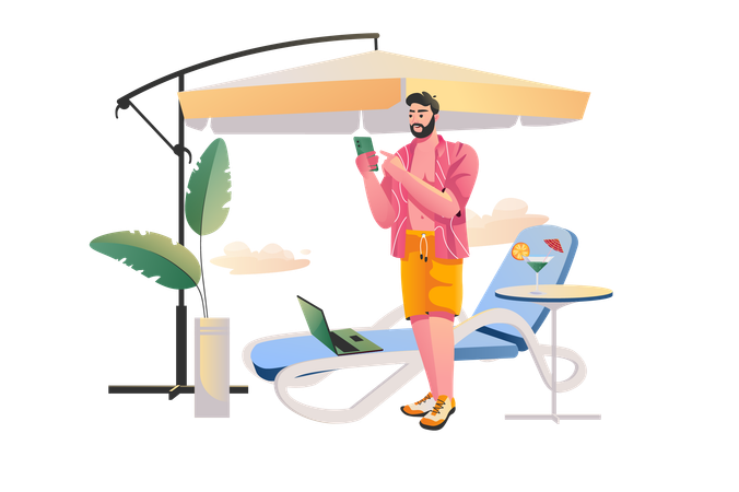 Man is distracted by work during vacation  Illustration