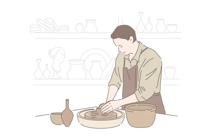 Clayware Crafting Craftsmanship Hobby Handmade Pottery Concept Young Man Visiting Handicraft Classes Earthenware Workshop Professional Clay Artist In Apron Making Ceramic Jar Simple Flat Vector Illustration