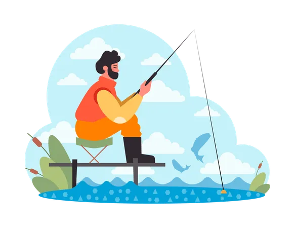 Summer Holiday Activities Character With Fishing Rod Summer Fishing Vacation Relaxation On Nature Sport Fishing Competition Flat Vector Illustration Illustration