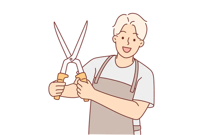Man With Garden Shears In Working Apron Demonstrates Tool For Trimming Branches Of Bushes And Trees In Park Young Positive Guy Uses Garden Shears To Take Care Of Vegetation In Backyard Of Own House イラスト