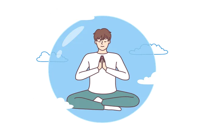 Meditating Man Does Yoga In Lotus Position In Transparent Bubble Flying In Sky And Performing Zen Exercises Guy Is Protected By Imaginary Cocoon That Appeared Thanks To Meditation And Yoga Illustration